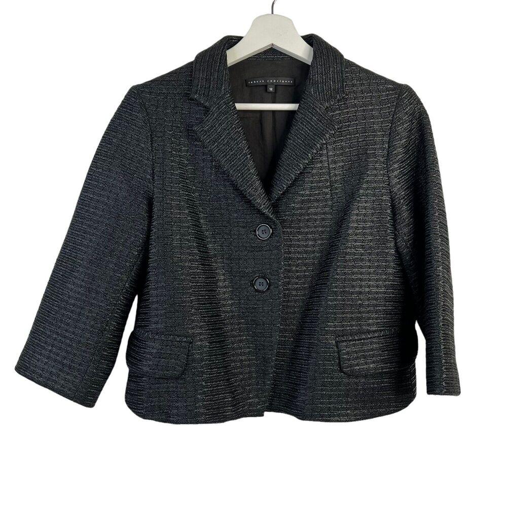 Robert Rodriguez Size 12 Blazer Jacket Black Shiny Cropped 2 Button Notch Collar